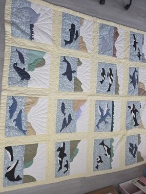 Handmade Ocean Whale Patchwork Quilt in Yellow and Blue